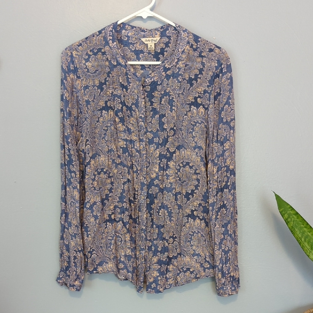 Lucky Brand Pintuck Blue Floral Paisley Print Button Down Top Medium M